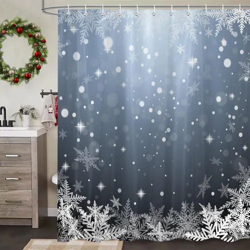 Miniatura 12 de Cortinas de Ducha de Navidad para Baño, Azul Lindo Muñeco de Nieve Árbol de Navidad Invierno Paisaje Natural Juego de Cortinas de Ducha, Tela