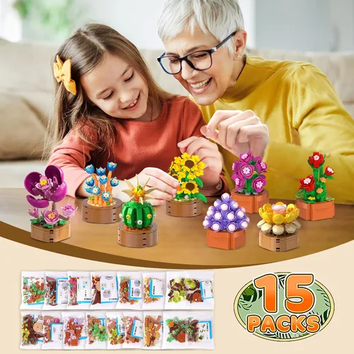 Miniatura 7 de CUBIMANA Paquete de 15 mini construcción de flores y plantas, colección botánica de flores, juguete de bloque de 0.142 in para decoración de oficina