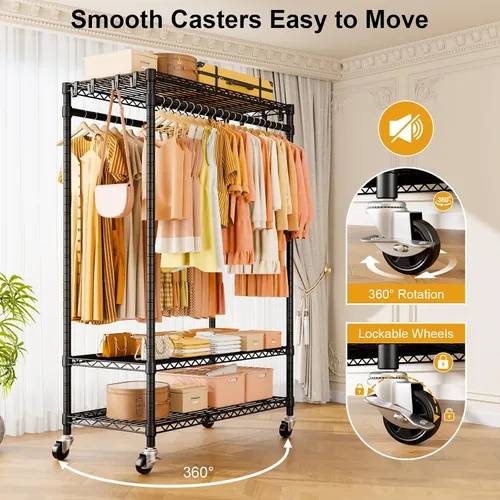 Miniatura 5 de ULIFHOME P7 - Perchero enrollable para ropa, estantes para colgar ropa, estante resistente para prendas con ruedas, estante de clóset portátil de 3