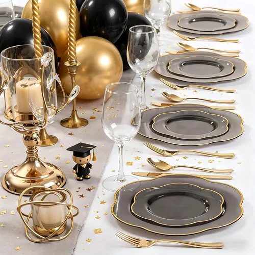 Miniatura 6 de Liacere 50 platos de plástico negro, resistentes, incluye 25 platos llanos negros, 25 platos de postre rojos para graduación