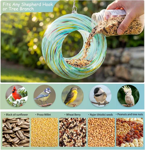 Miniatura 7 de Yinns Comederos de vidrio para pájaros colgantes en el exterior, comedero para pájaros con forma redonda solar para decoración de jardín de patio