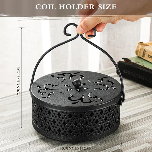 Miniatura 2 de Lallisa Juego de soportes de bobina de incienso, quemador de incienso redondo de metal colgante con asa y tapa, contenedor portátil para patio