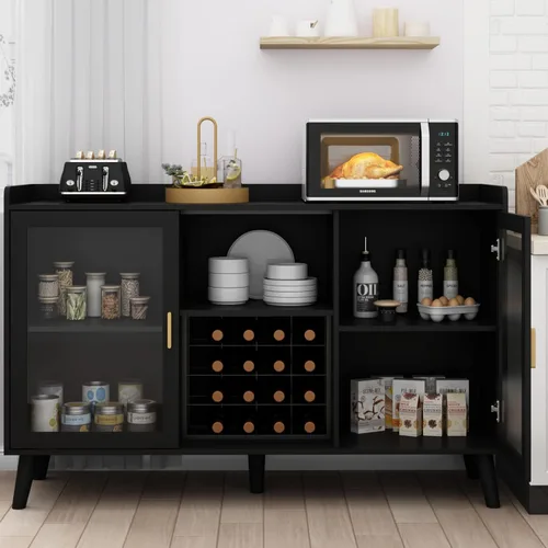 Miniatura 5 de Auromie Armario de bar de vinos con luz LED, gabinete de café para el hogar con estante para vino y vidrio, aparador de cocina con estantes de Negro