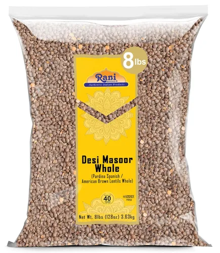Rani Desi Masoor (Masur) Entero 128oz (8lbs) 3.63kg (aka. Pardina Lentejas marrones españolas/americanas enteras) a granel ~ Todo natural | Vegano |