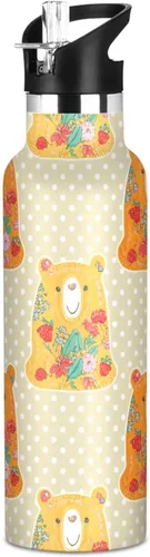 Water Bottle for Kids with Straw, Kids Stainless Steel Water Bottle for Travel or School 20 Oz, BPA-Free, Bears Floral