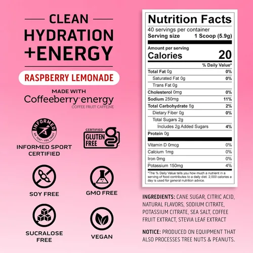 Miniatura 3 de Ascent Clean Hydration + Energy Electrolytes Powder - 100 mg de cafeína, 400 mg de electrolitos, sin ingredientes artificiales, limonada