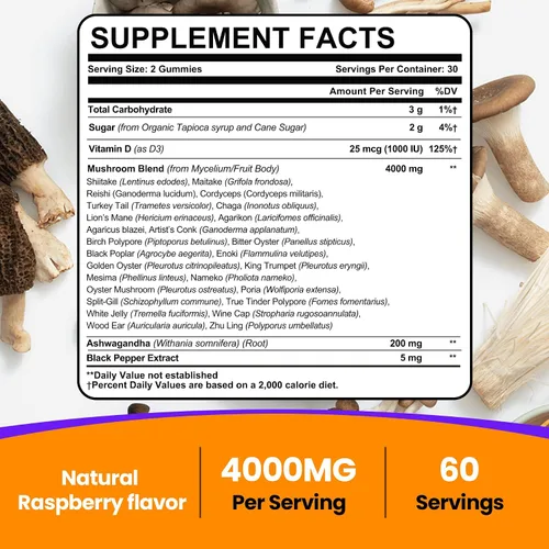 Miniatura 2 de Gomitas de hongos para adultos de 4000 mg, suplementos cerebrales para memoria y concentración, complejo de suplementos de hongos 26 en 1