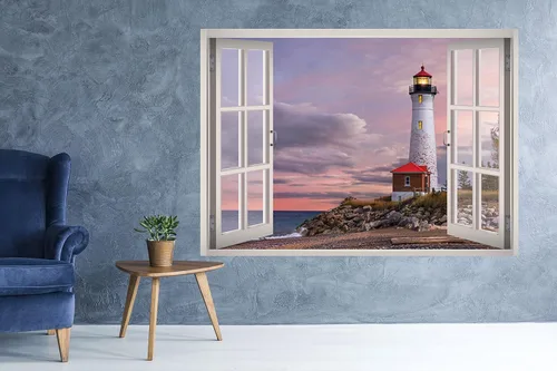 Miniatura 2 de Calcomanía de pared 3D con ventana con vista de faro, papel tapiz extraíble, vinilo para decoración del hogar, West Mountain™ W146 (pequeño