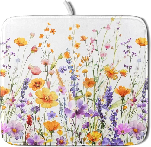 Miniatura 48 de Tapete de Secado de Platos de Sandía de Verano de Microfibra, Tapetes Escurridores de Platos de Cuadros de Búfalo de Limón Amarillo 16x18 Pulgadas