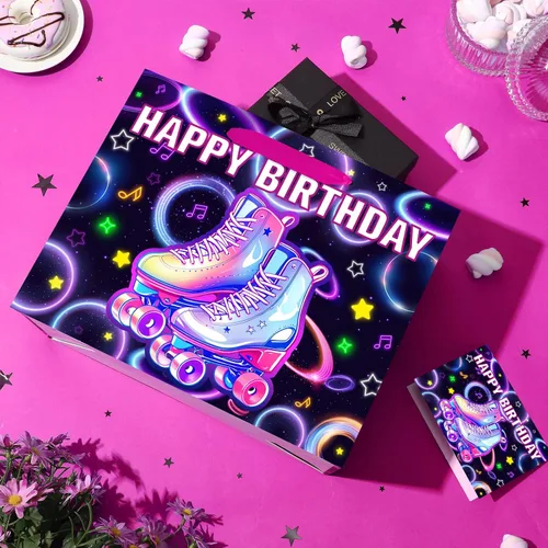 Miniatura 7 de Patinaje sobre ruedas para decoración de cumpleaños, bolsa de regalo de cumpleaños con papel de regalo y tarjeta, bolsa de papel grande y colorida