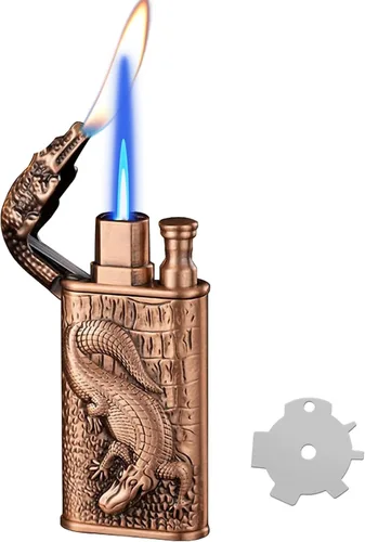 Miniatura 8 de Encendedor de antorcha, diseño de cocodrilo en relieve, encendedor mágico de doble llama con herramienta de llama de ajuste, encendedores de butano