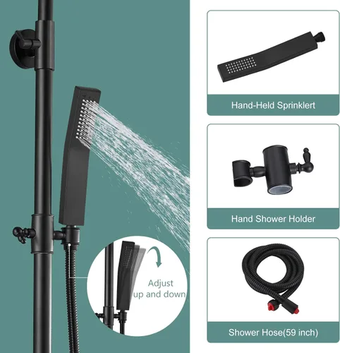 Miniatura 3 de Heyalan Sistema de ducha expuesto negro mate, juego de 2 ducha funcional de baño de 8 pulgadas, cabezal de ducha cuadrado de lluvia con rociador