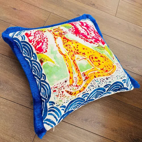 Miniatura 4 de Funda de almohada con patrón de leopardo, funda de almohada de terciopelo única, cojín de borla azul, almohada decorativa para decoración del hogar