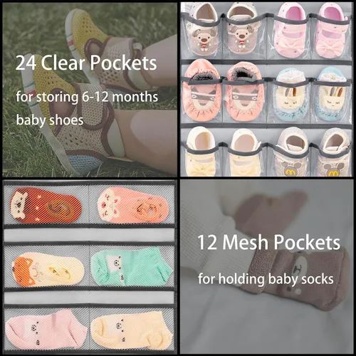 Miniatura 5 de Organizador de zapatos de bebé colgante de doble cara para armario, soporte de almacenamiento de zapatos para niños pequeños, calcetines con lazo