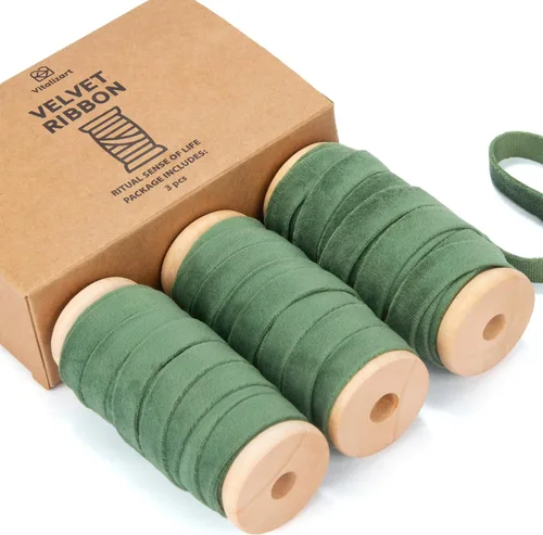 Miniatura 11 de Vitalizart Juego de cintas de terciopelo color camello de 3/8 pulgadas x 15 yardas, carrete de madera, ribete de tela, 3 rollos x 5 yardas