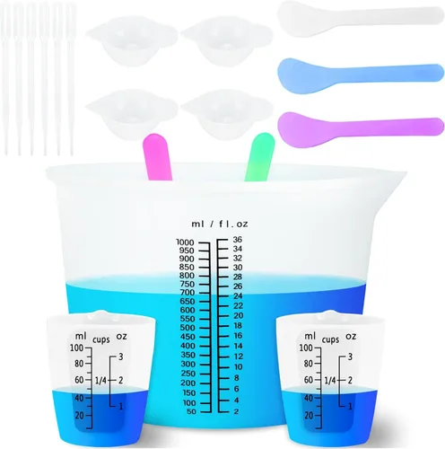 Creahaus Tazas de medición de silicona grandes de 1000ML para resina, tazón de mezcla de silicona de 36oz de fácil lectura con taza de mezcla de