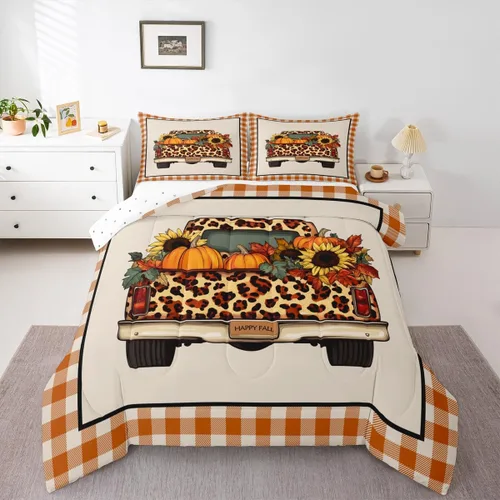 Miniatura 20 de Erosebridal Juego de edredón de gatos lindos para niños, juego de ropa de cama de calabaza y hoja de arce para niñas y niños, juego de edredón
