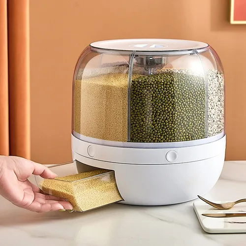 Miniatura 7 de Kufoo - Contenedor de almacenamiento de arroz y granos de 6 rejillas, dispensador de cereales giratorio de 360° con tapa, resistente a la humedad