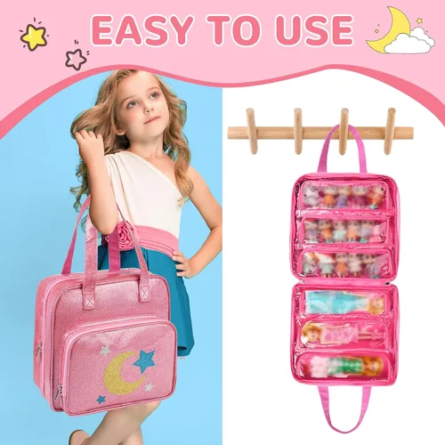 Miniatura 4 de Estuche de transporte para muñecas compatible con muñecas LOL Surprise, bolsa de almacenamiento de juguetes de viaje colgantes con 6 bolsillos Rosa