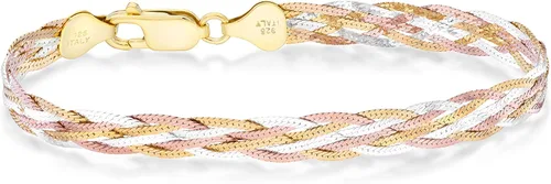 MiaBella Tri-Color 18K Gold Over 925 Sterling Silver Italian 6-Strand 7mm Braided Herringbone Chain Bracelet for Women Teen Girls Made in Italy