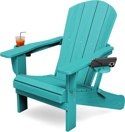 KINGYES Silla Adirondack plegable con soportes dobles para tazas, sillas de exterior de polietileno de alta densidad para todo tipo de clima, silla