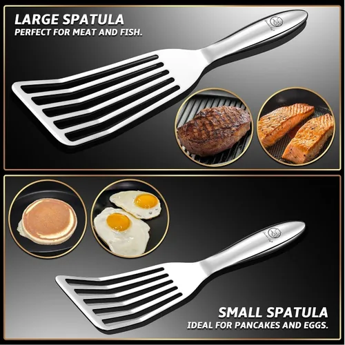 Miniatura 2 de Juego de espátulas de pescado de acero inoxidable – 1 espátula grande para pescado + 1 espátula pequeña de metal, borde ultra delgado para voltear