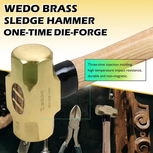 Miniatura 3 de WEDO Juego de martillos de trineo de latón de 2 piezas, 3 lb+5 libras, mango de madera, forjado a presión, resistente a la corrosión, estándar DIN