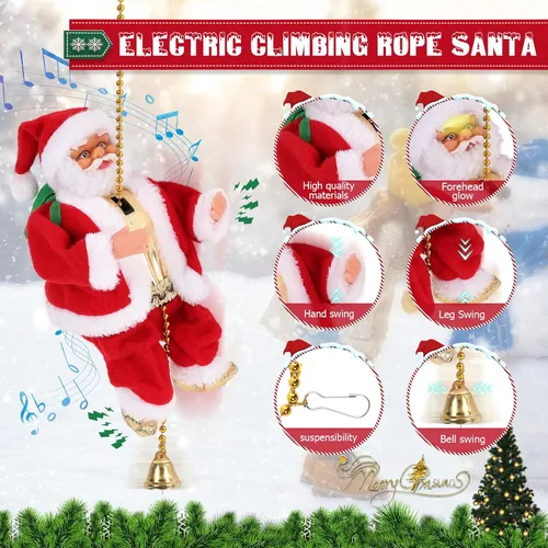 Miniatura 2 de Gfilay Papá Noel escalador con música, adorno colgante de árbol de Navidad, novedad de Papá Noel escalador en cuerda, decoración navideña, gran