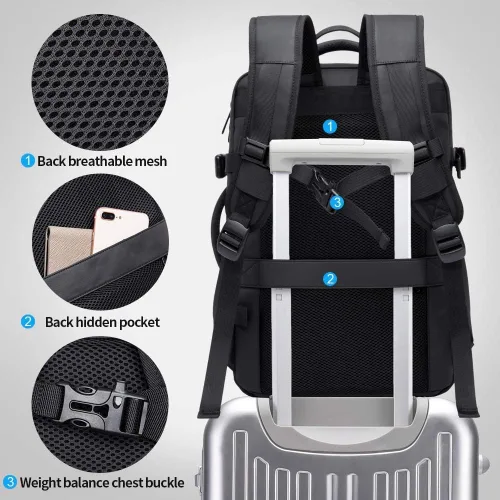 Miniatura 7 de BANGE Mochilas de viaje de 35L, mochila de mano expandible para aviones, mochila impermeable para laptop de 17.3 pulgadas para hombres y mujeres