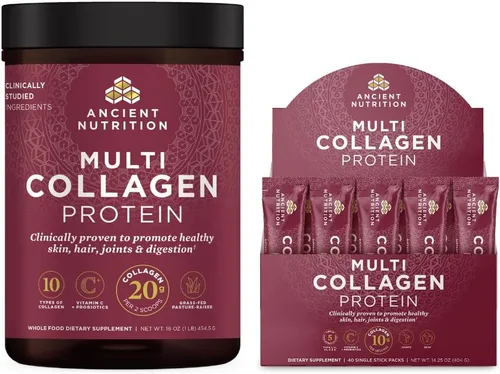 Ancient Nutrition Proteína en polvo multicolágeno, sin sabor, 45 porciones + paquetes de proteína de colágeno múltiple, sin sabor, 40 paquetes