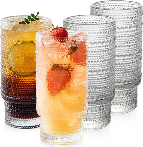 Miniatura 11 de Juego de 4 vasos para beber de 16 onzas, 2 vasos de clavo y 2 copas de agua en relieve, vasos vintage apilables con diseño de flores, vasos de 2