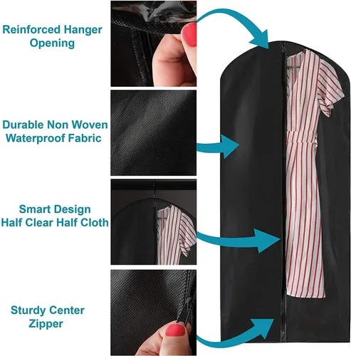 Miniatura 6 de Bolsa de ropa negra, cubierta de vestido de traje para con un panel transparente transparente para una fácil visualización, Negro