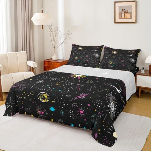 Miniatura 28 de Erosebridal Juego de sábanas tamaño individual con estampado de luna, diseño de flores de loto, color morado degradado, juego de sábanas orientales