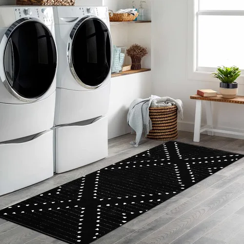 Miniatura 3 de HAOCOO - Alfombra de pasillo lavable marroquí, 2 x 6 pies, diseño geométrico moderno para pasillo, algodón tejido con diamantes, alfombra de piso
