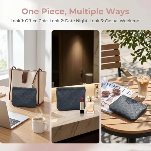 Miniatura 3 de Juego de 2 bolsas de maquillaje a cuadros, color negro, bolsa de cosméticos con bolsillo de cuero para bolso, bolsa de maquillaje pequeña