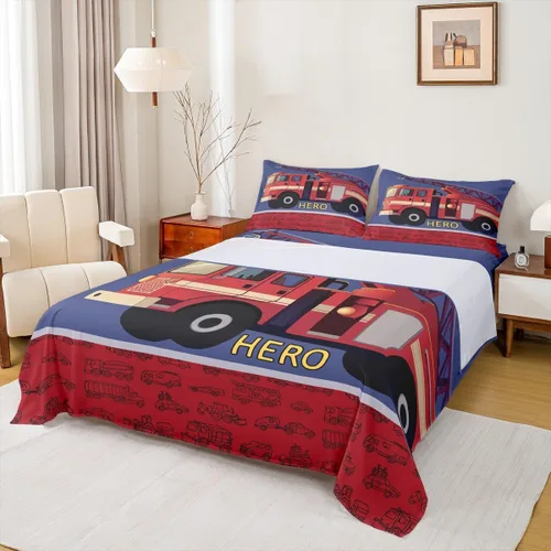 Miniatura 20 de Erosebridal Juego de sábanas y fundas de almohada para niños, diseño de camión de bomberos, color rojo, brillante, para maquinaria, camiones