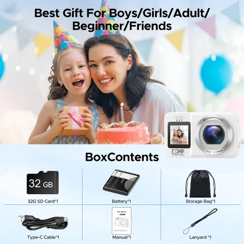 Miniatura 6 de Cámara digital, cámara de doble pantalla 4K 64MP UHD, zoom digital 18X, cámara portátil de apuntar y disparar con tarjeta TF de 32 GB y batería