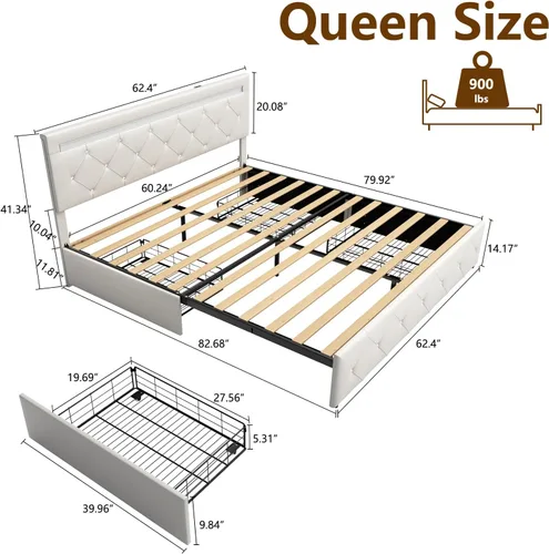 Miniatura 2 de Benevika Base de cama tamaño Queen con 4 cajones y cabecera LED ajustable, plataforma tapizada de piel sintética con estación de carga, soporte