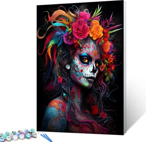 Miniatura 8 de Kit de Pintura por Números de Retrato de Mujer Calavera de Azúcar al Óleo de 16 x 20 Pulgadas, Lienzo para Halloween, Decoración para Mujeres, Chica
