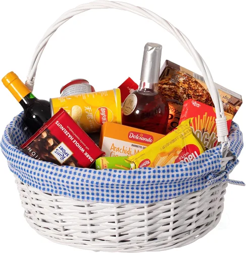 Miniatura 19 de WICKERWISE Cesta de regalo tradicional de sauce redondo blanco con forro a cuadros y asas resistentes, cesta de almacenamiento de aperitivos