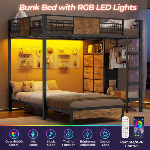Miniatura 6 de ADORNEVE Litera Full sobre Twin con 8 cajones de almacenamiento, cama alta de metal con luces LED y estantes de almacenamiento, literas Twin sobre