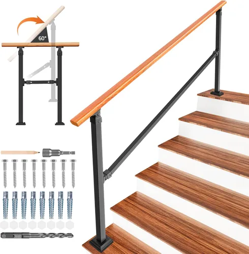 Miniatura 13 de Kit de pasamanos de escalera al aire libre UOKRR, pasamanos de hierro con grano de madera para interior, se adapta a 1-2 escalones