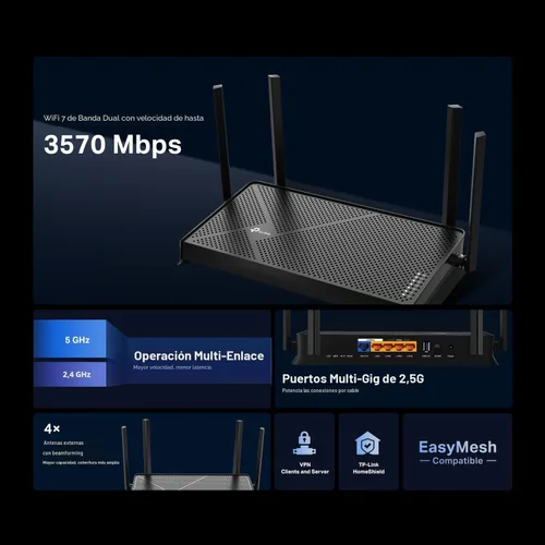 Miniatura 3 de TP-Link Dual-Band BE3600 Wi-Fi 7 Router Archer BE230 4-Stream Puertos 2×2.5G + 3×1G, USB 3.0, Quad Core de 2.0 GHz, 4 Antenas VPN, EasyMesh