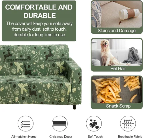 Miniatura 5 de Funda de sofá de Navidad Verde, Funda Elástica para Sofá, Funda Deslizante para Sofás y Sofás de Dos Plazas, 1 Pieza, Funda Temática Navideña