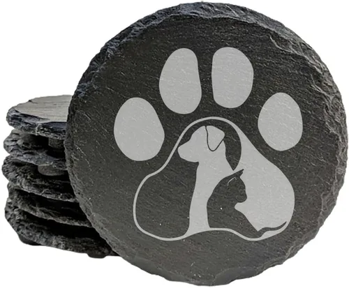 Engraved Dog Cat Paw Coasters Set of 4 – Dog Cat Silhouette Paw Print Design – 4 Inch Round Slate – Pet Lover Home Decor – Handmade in Oregon USA