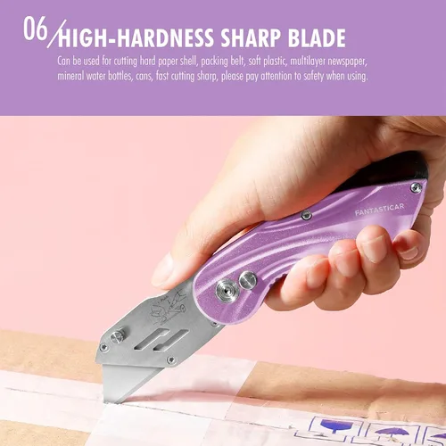 Miniatura 6 de FantastiCAR - Cuchillo plegable con caja para regalo, cuchillo utilitario de metal resistente con 5 cuchillas adicionales, cambio rápido