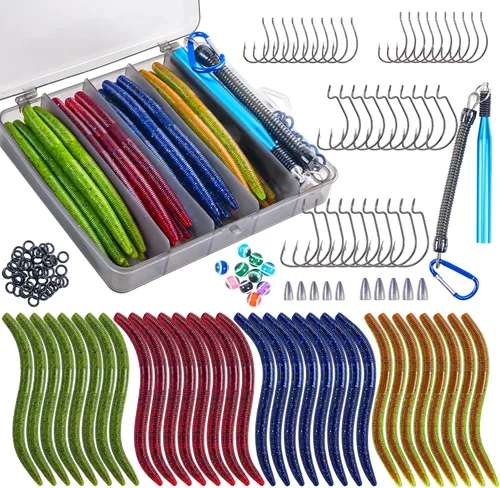 Goture Wacky - Kit de señuelo de pesca con plástico suave, herramientas de aparejo loco, juntas tóricas, ganchos de gusano y lanzamiento, cuentas,