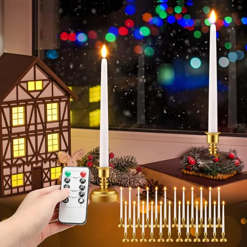 Miniatura 5 de Fumete Paquete de 24 velas cónicas sin llama con control remoto y temporizador, velas LED parpadeantes realistas con llama 3D, ventana LED con base