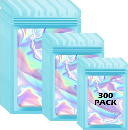 Miniatura 14 de 300 bolsas holográficas de mylar, 3 tamaños, bolsas a prueba de olores con ventana transparente, bolsas de papel de aluminio resellables