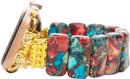 Miniatura 8 de Natural Stone Imperial Jasper Bracelet Beaded-Bands Compatibe with iWatch Series11 10 9 8 7 6 5 4 3 2 1, Handmade Elastic Stretch Beaded Strap For